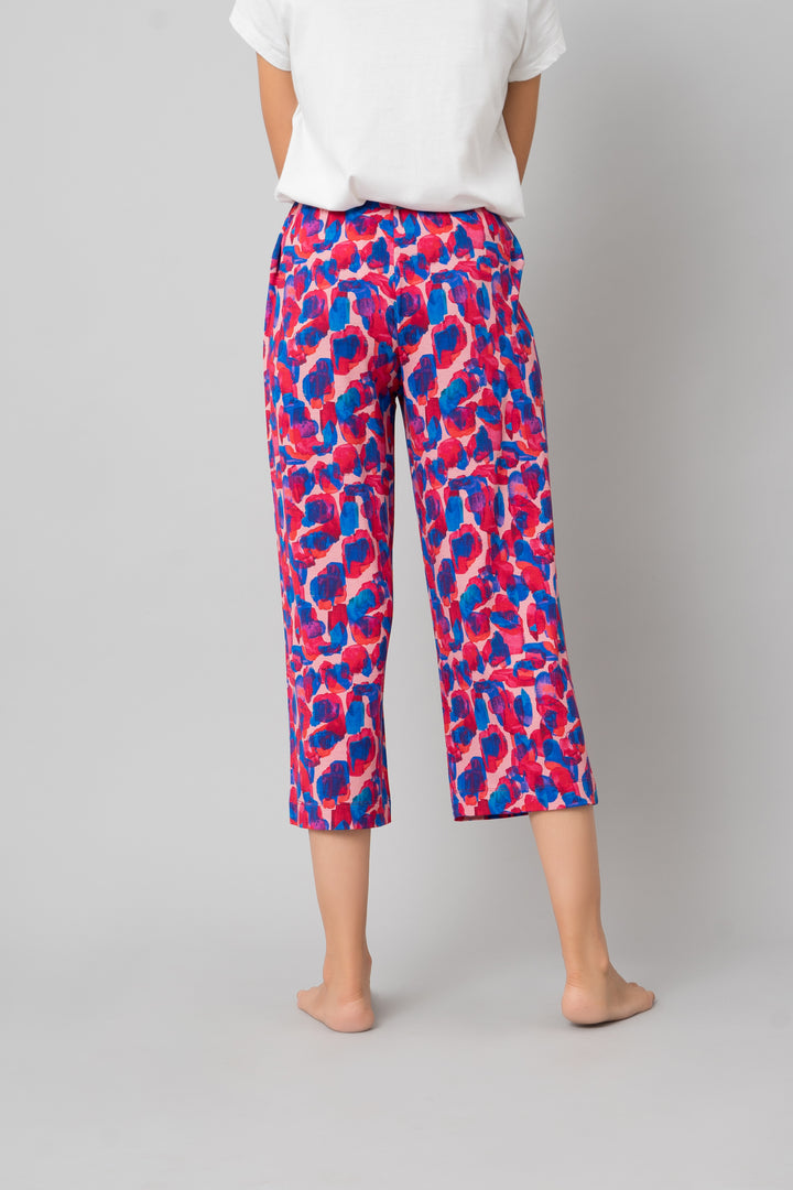 Artsy Watercolor Capri Set in vibrant pink and blue patterns.