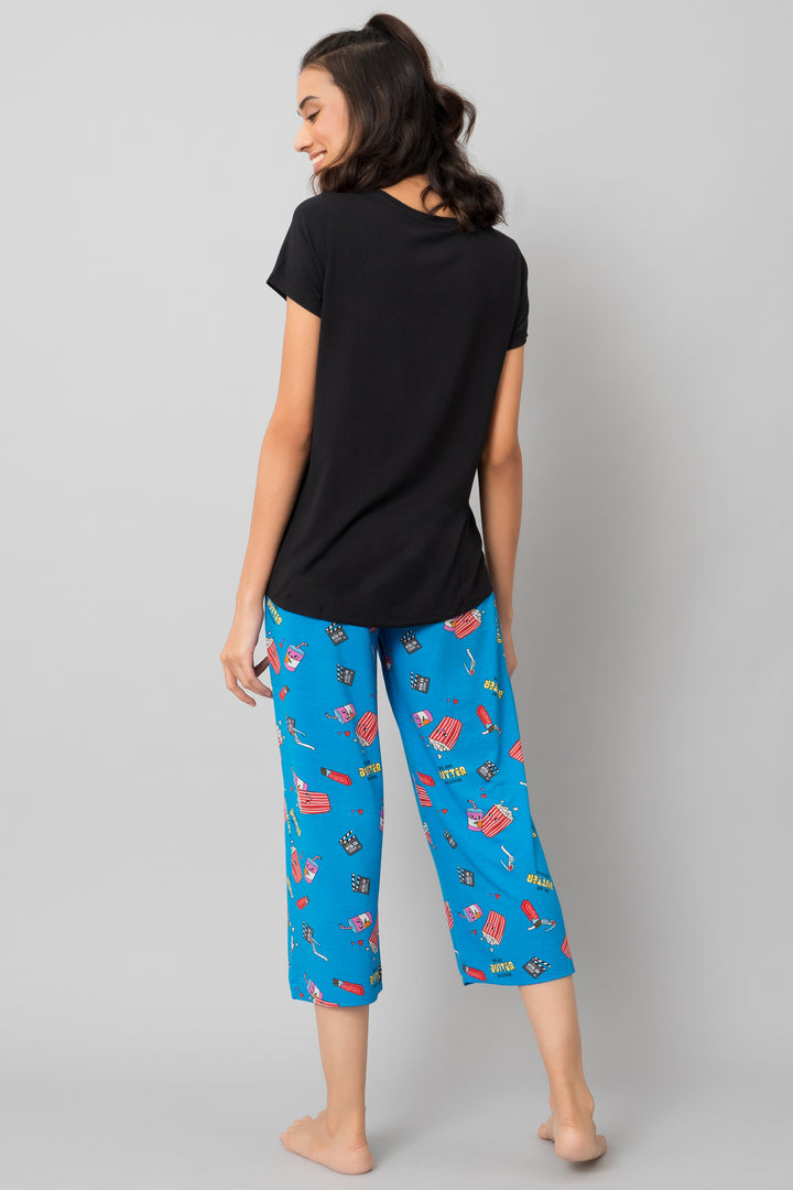 Everyday Black Capri Set featuring stylish black top and fun printed pants.