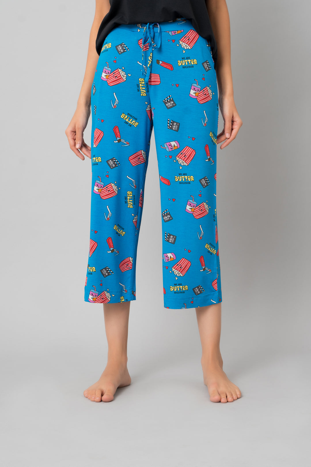 Everyday Black Capri Set with colorful popcorn and soda print.