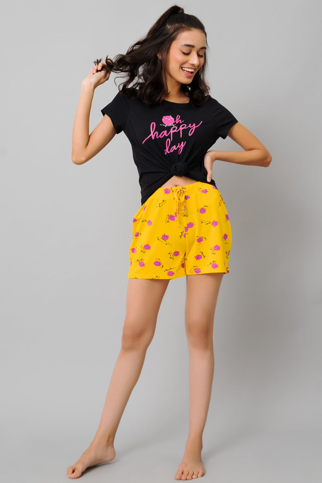 Fuffy Kitty Shorts with playful design and vibrant yellow color.