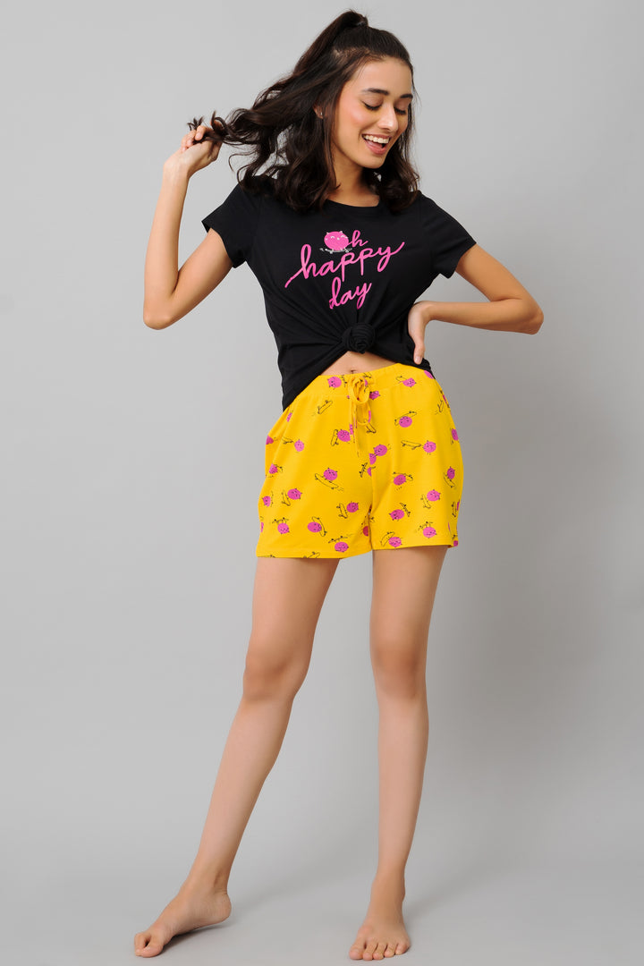 Fuffy Kitty Shorts with playful design and vibrant yellow color.