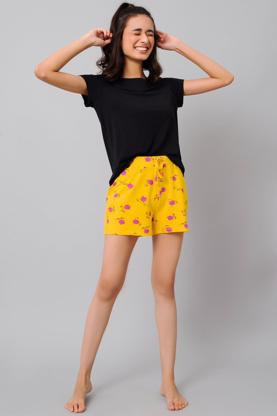 Fuffy Kitty Shorts: Cute and comfy yellow shorts with playful cat design.