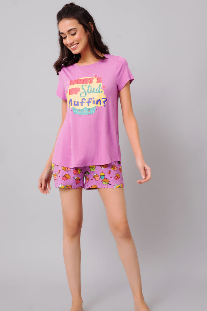 "Fun pink Stud Muffin shorts set for playful summer lounging."