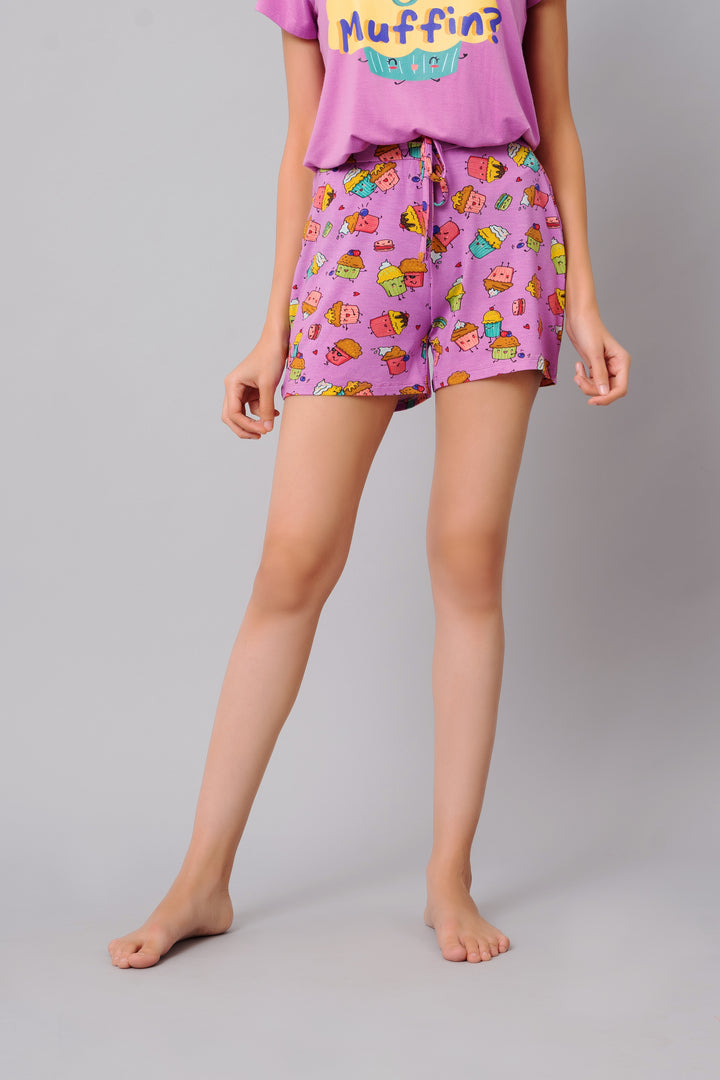 Stud Muffin Shorts Set featuring playful cupcake print and comfortable fit.