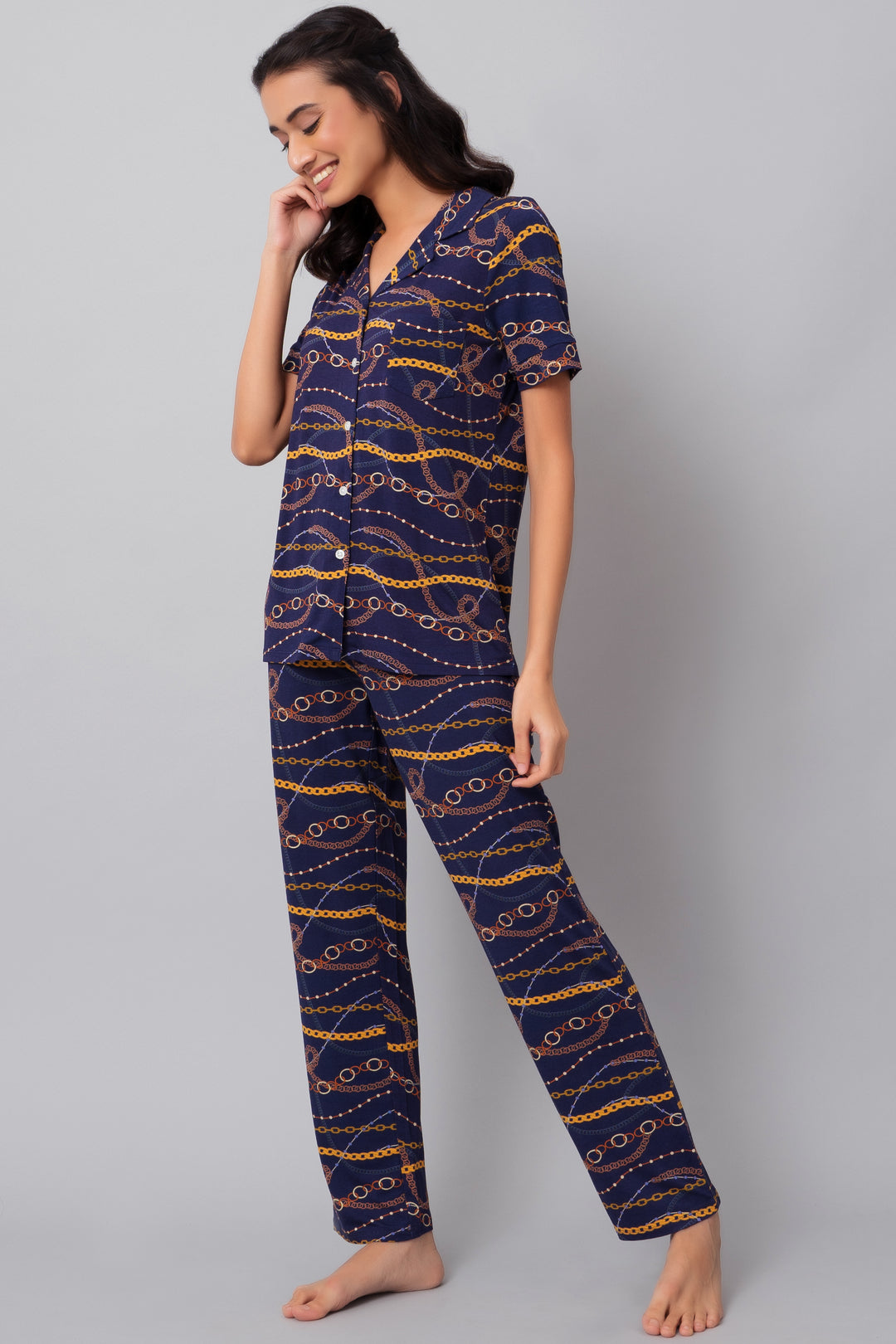 Linked Chains Pajama Set featuring a stylish chain pattern in navy.