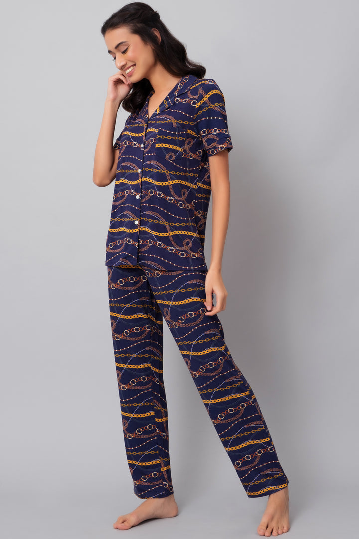 Linked Chains Pajama Set featuring a stylish chain pattern in navy.