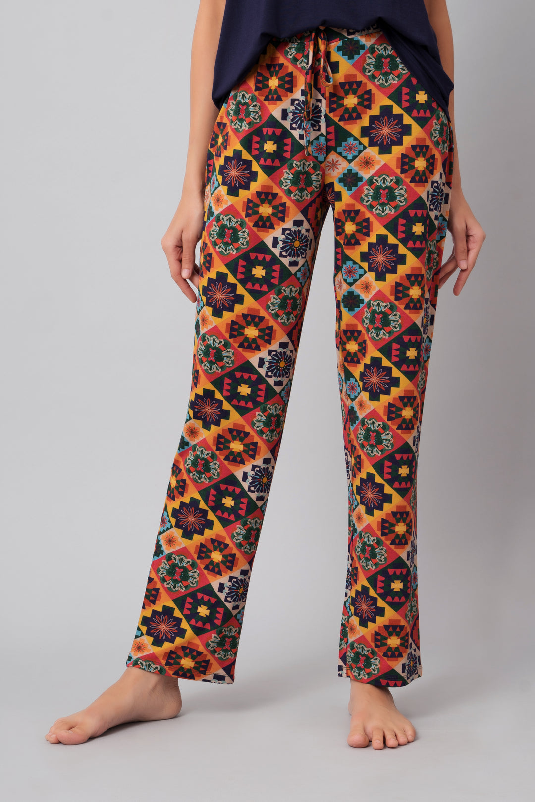 Colorful floral Aztec pajama set with elastic waist and relaxed fit.