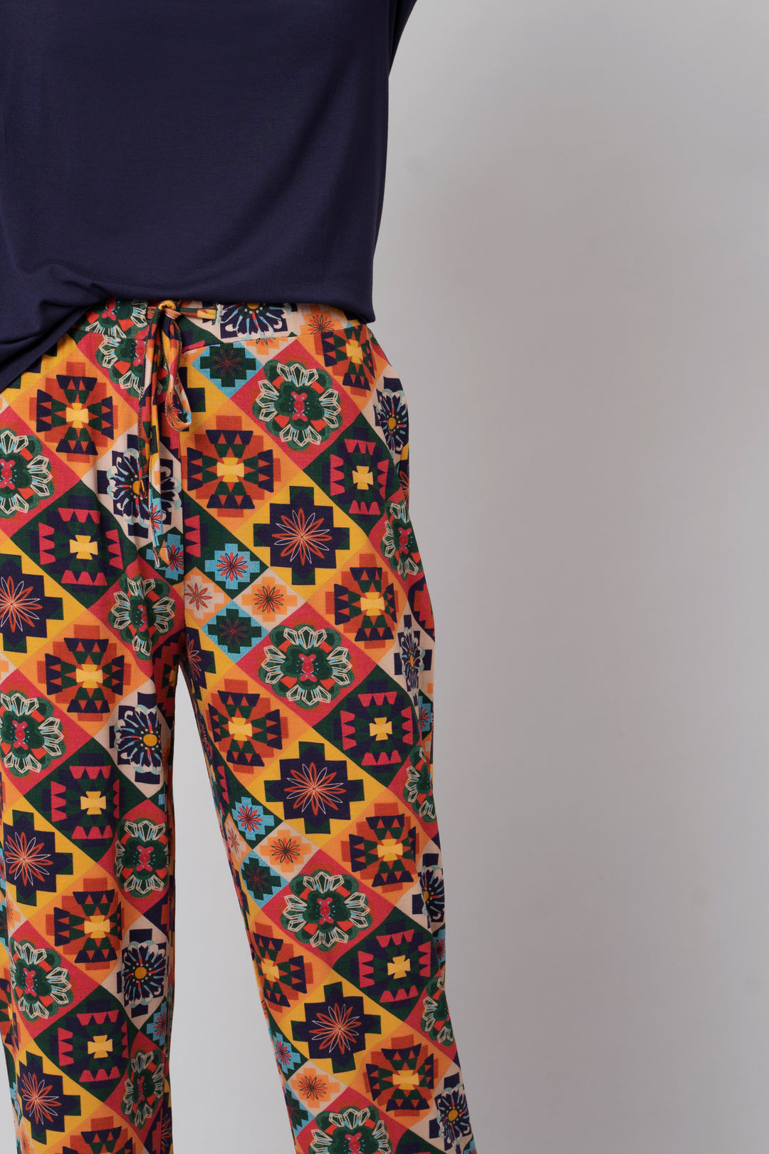 Floral Aztec pajama set with colorful geometric patterns and comfortable fit.