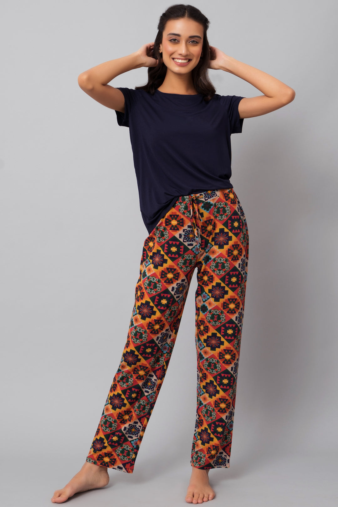 Floral Aztec pajama set featuring vibrant patterns and comfortable fit.