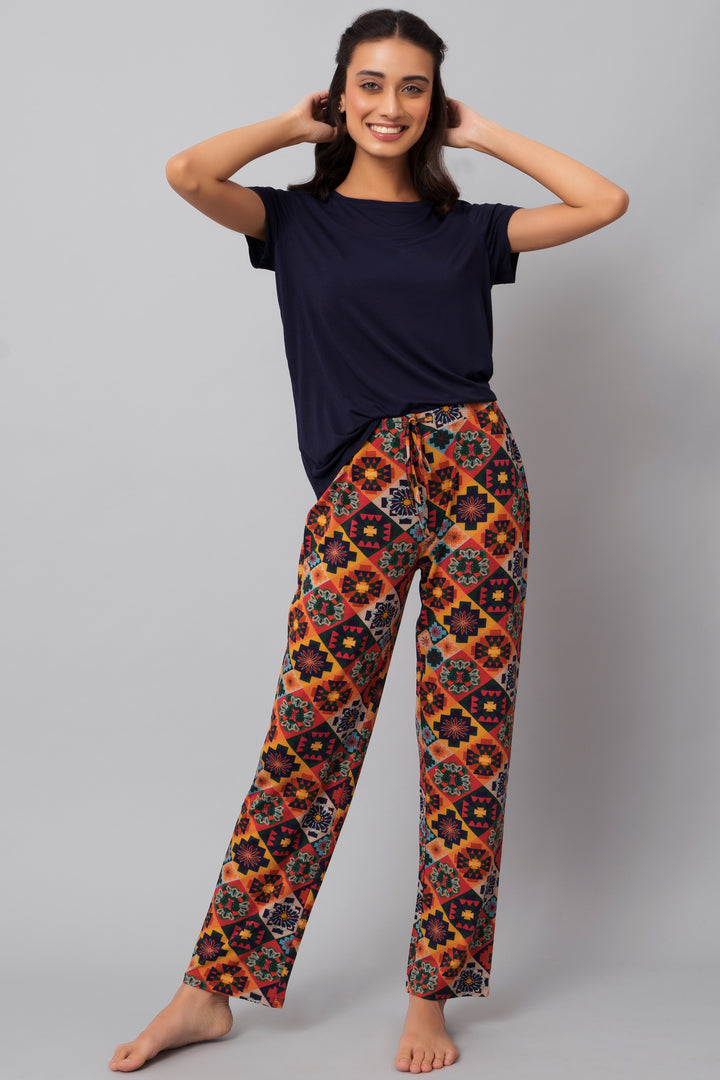 Floral Aztec pajama set featuring vibrant patterns and comfortable fit.