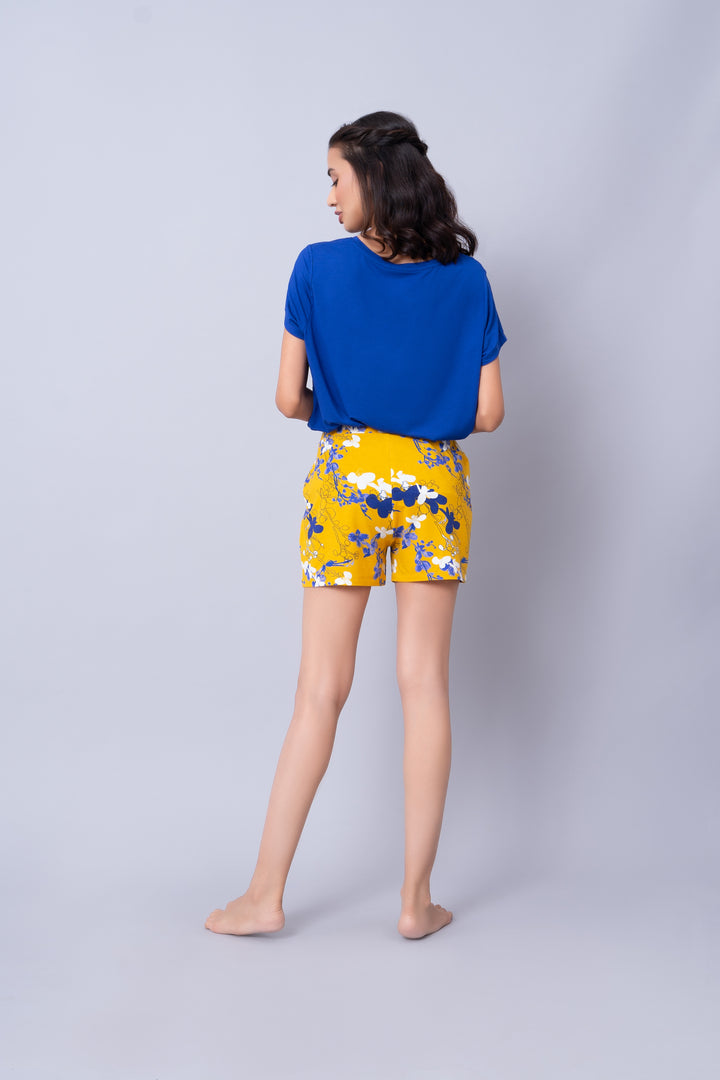Floral Love Shorts Set featuring vibrant blue and yellow designs.