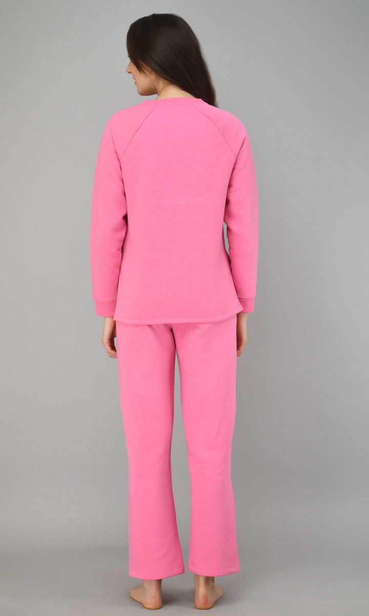 Feisty Pink Fleece Long Pullover Set worn from the back.