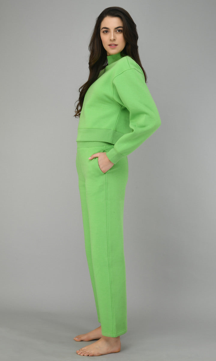 Glam Green Fleece Sweatshirt model showcasing stylish casual wear.