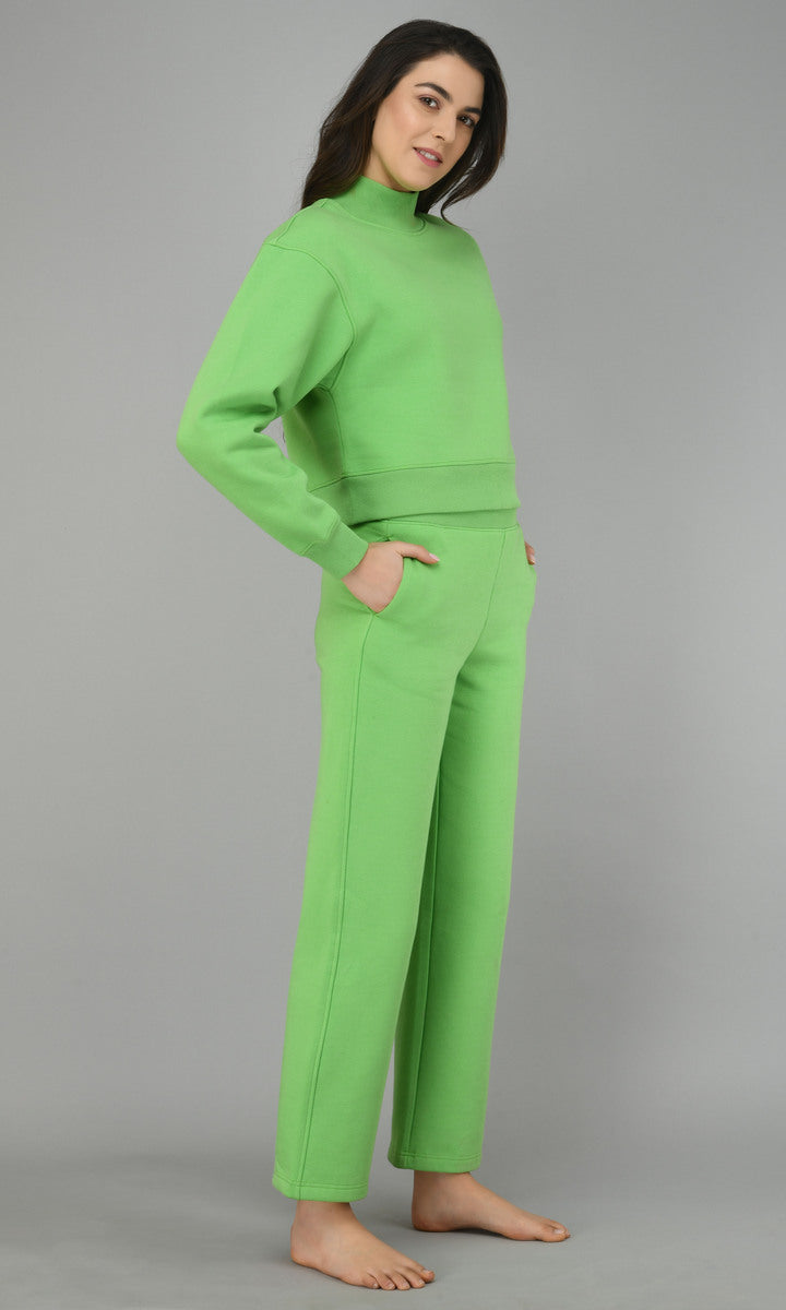 Glam Green Fleece Sweatshirt with matching pants, lightweight and stylish.