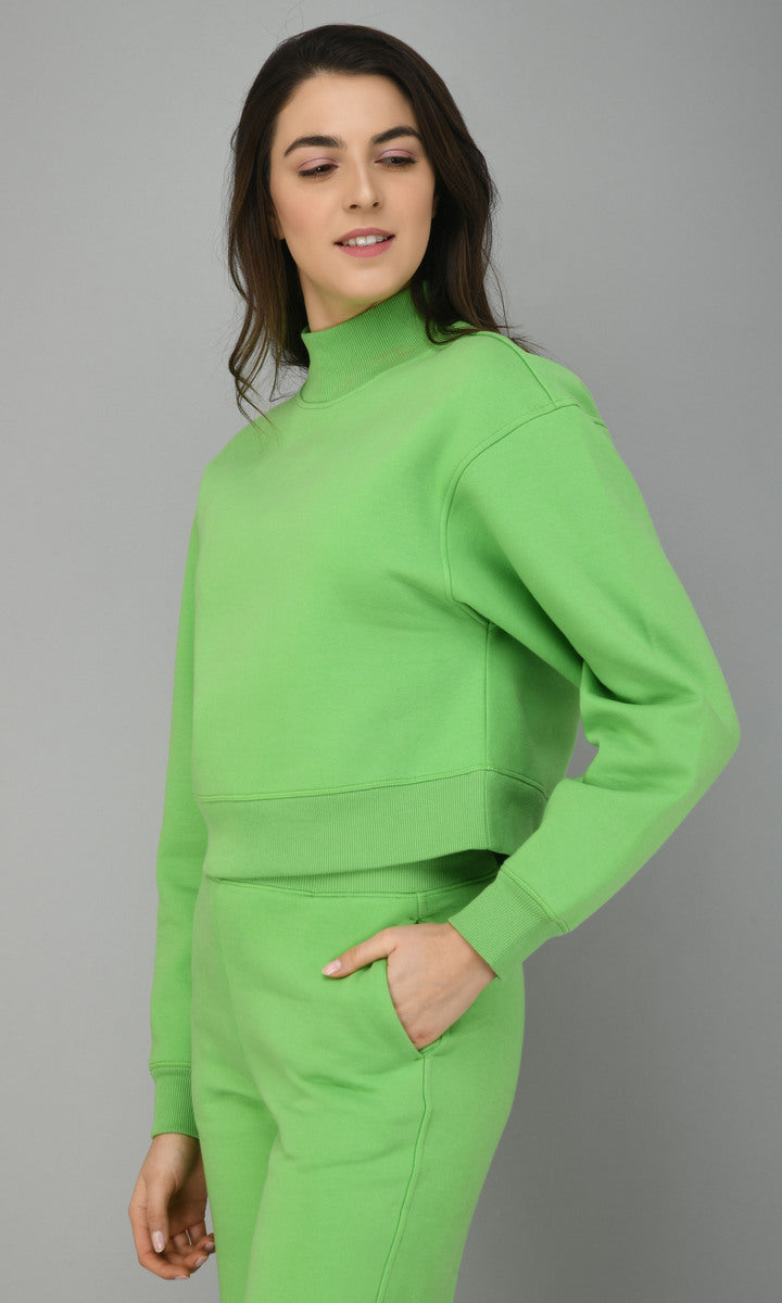 Glam Green Fleece Sweatshirt model showcasing trendy casual style.