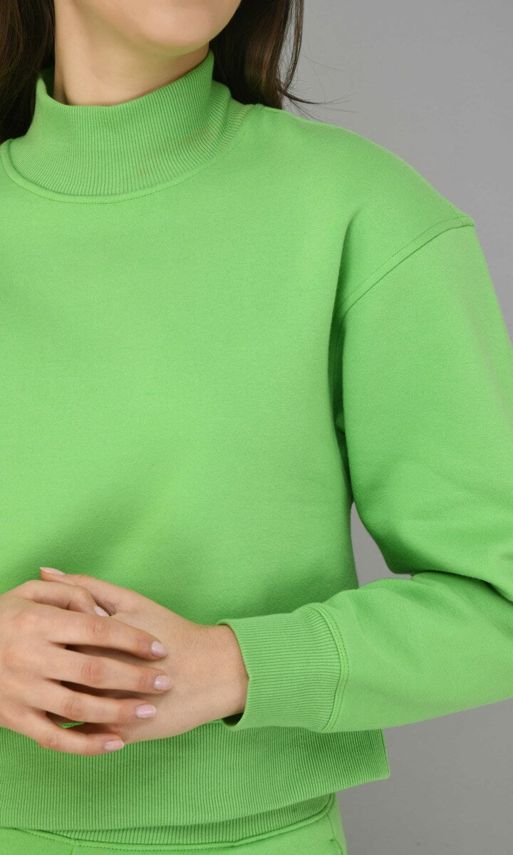 Glam Green Fleece Sweatshirt with a stylish high neckline and cozy fit.