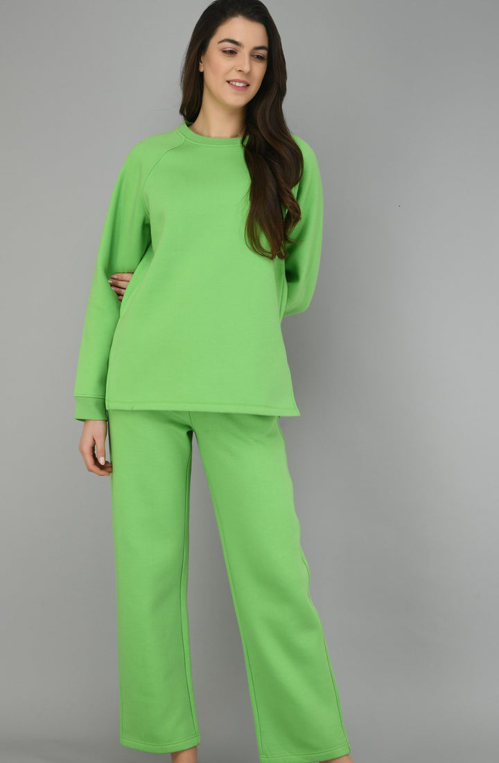 Glam Green Fleece Lounge Set on a model, stylish and comfortable outfit.