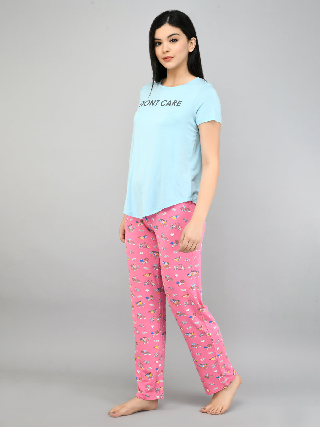 Summer Escape Pajama Set featuring comfy blue top and pink patterned pants.