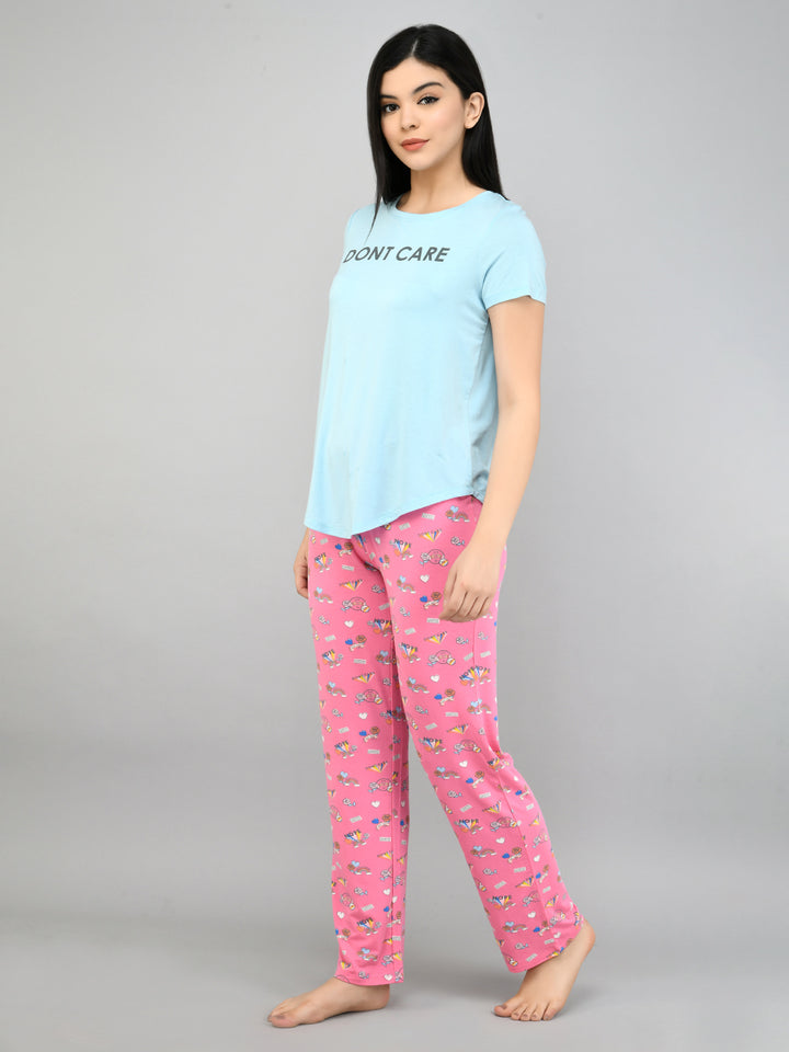 Summer Escape Pajama Set featuring comfy blue top and pink patterned pants.