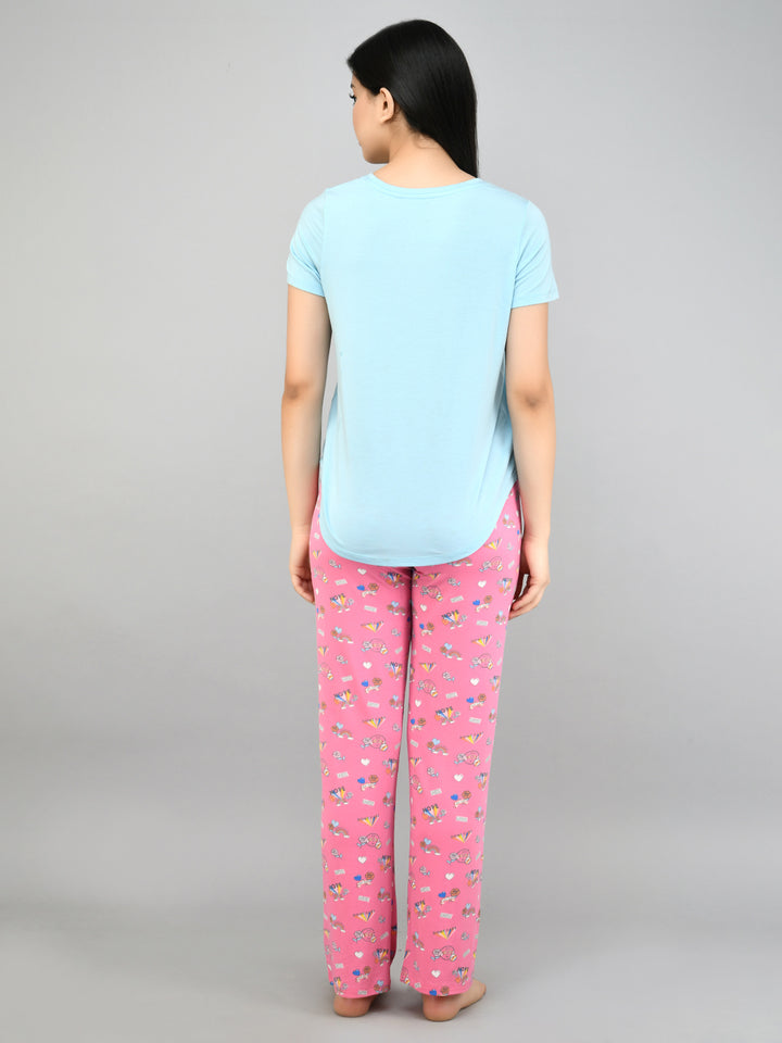 Summer Escape Pajama Set featuring light blue top and playful pink pants.