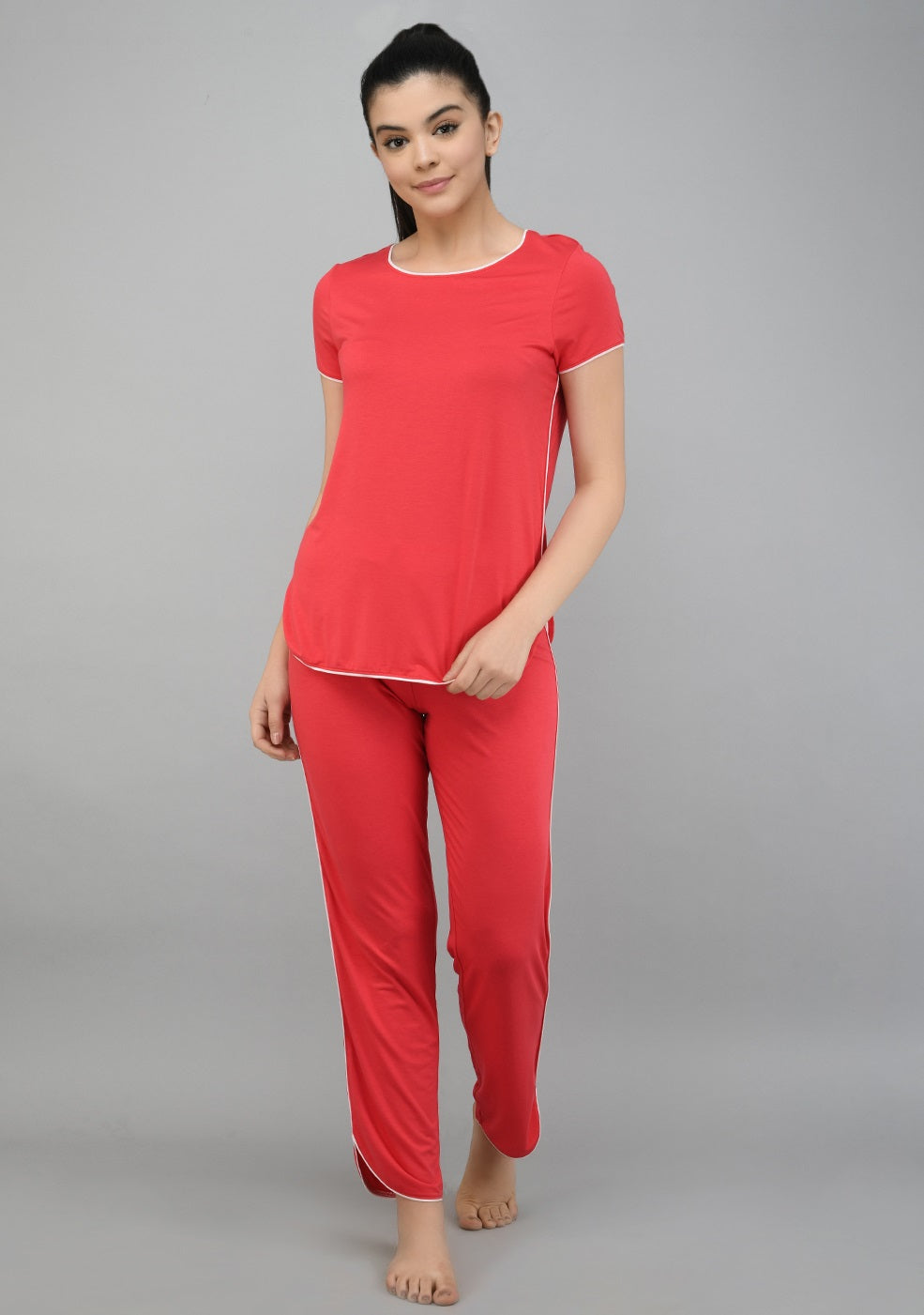 Love Red Piping Pajama Set featuring a stylish short-sleeve top and pants.