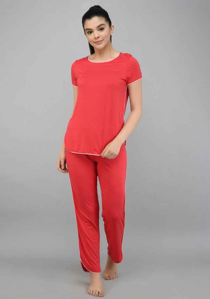 Love Red Piping Pajama Set featuring a stylish short-sleeve top and pants.