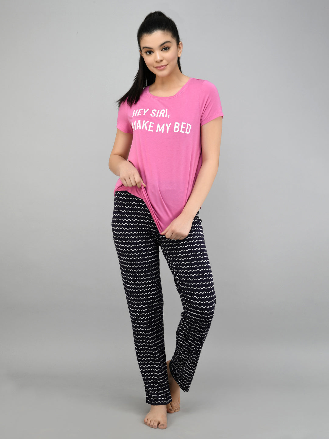 Hey Siri Pajama Set with playful graphic tee and patterned pants.
