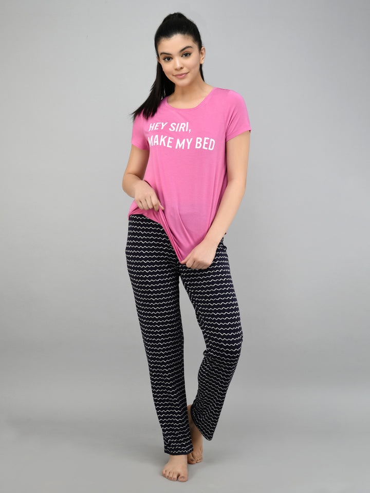 Hey Siri Pajama Set with playful graphic tee and patterned pants.