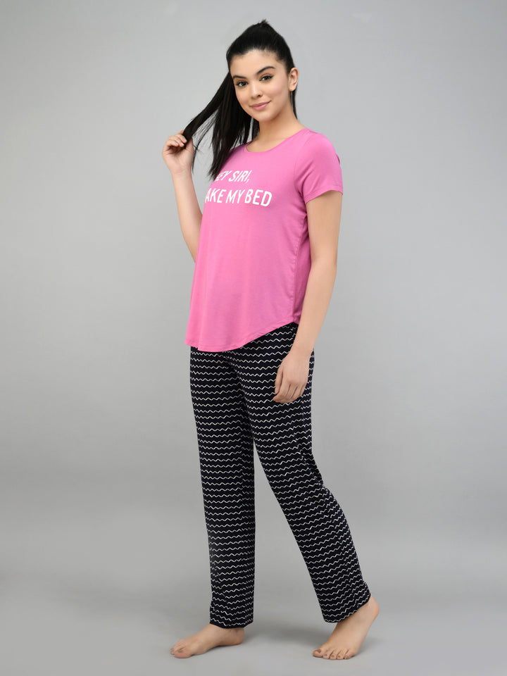 Hey Siri pajama set featuring pink top and patterned pants.