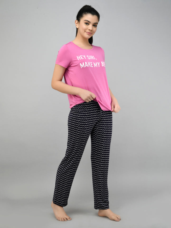Hey Siri Pajama Set featuring pink tee and patterned pants.