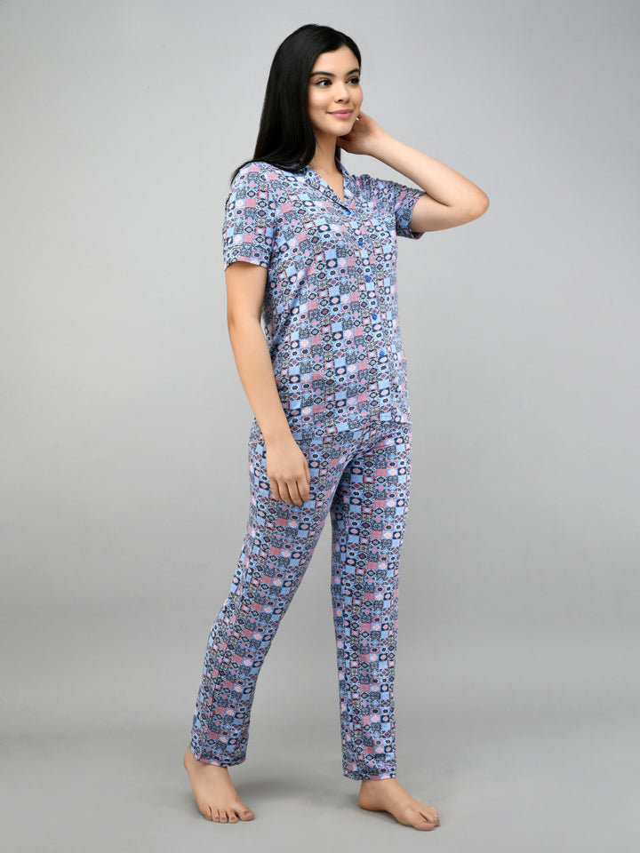 Classic mosaic button down pajama set for stylish, comfortable sleepwear.