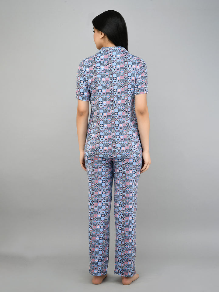 Classic mosaic button down pajama set for women, stylish and comfortable.