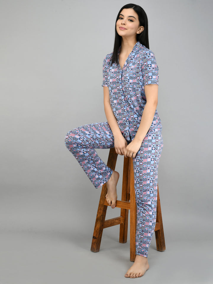 Classic mosaic button down pajama set for comfortable and stylish nights.