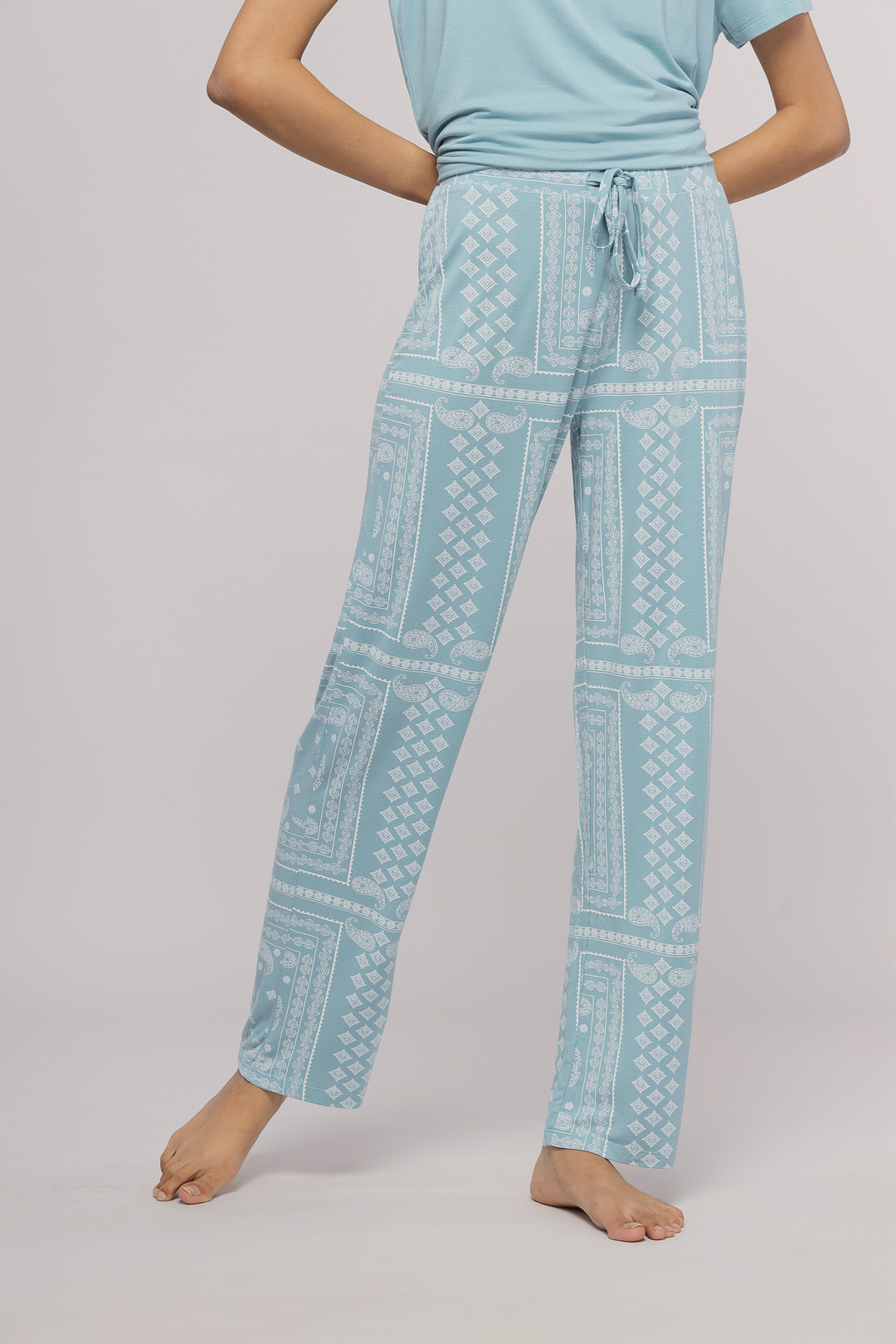 Geometric paisley pajama set in light blue, stylish loungewear for comfort.