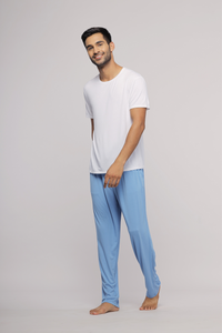 Horizon Blue Mens Pajama Set featuring a comfortable white tee and blue pants.