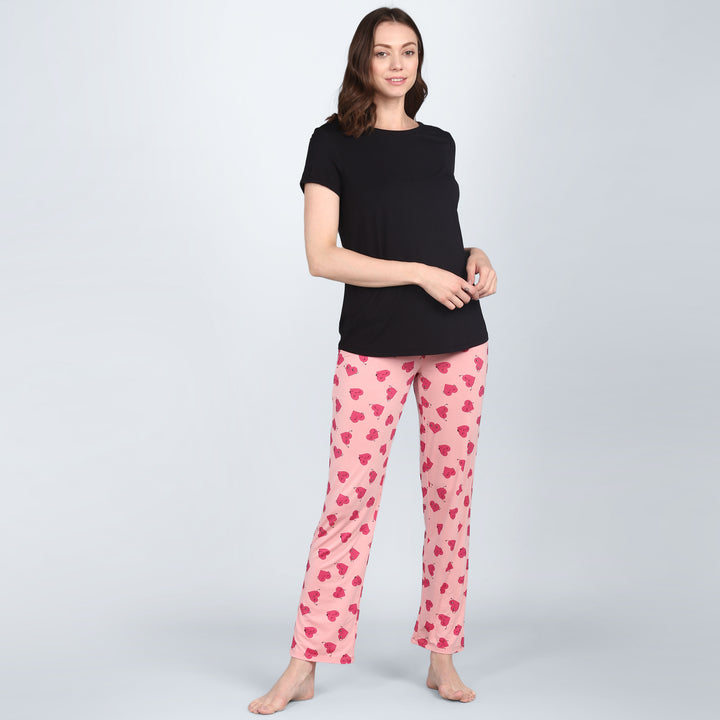 Everyday black pajama set with stylish pink patterned pants.