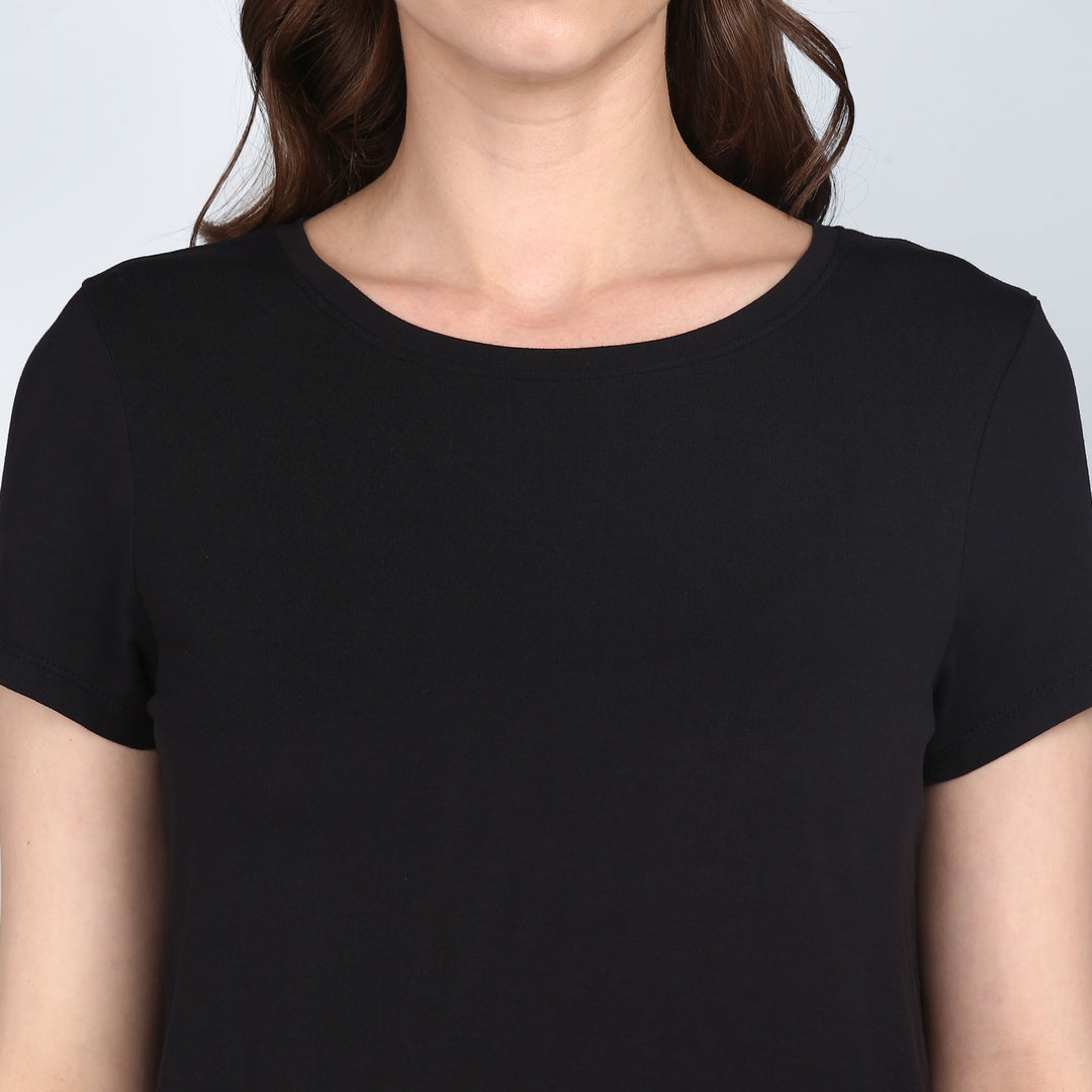 Everyday black top with short sleeves and a classic crew neck.