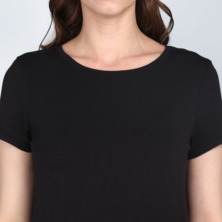 Everyday black top with short sleeves and a classic crew neck.
