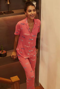 Sure Ok Button Down Pajama Set in pink with playful text print.