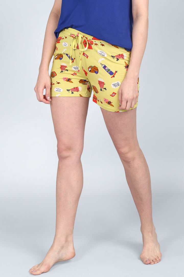 Social Vegan Shorts Set featuring fun food prints in vibrant colors.