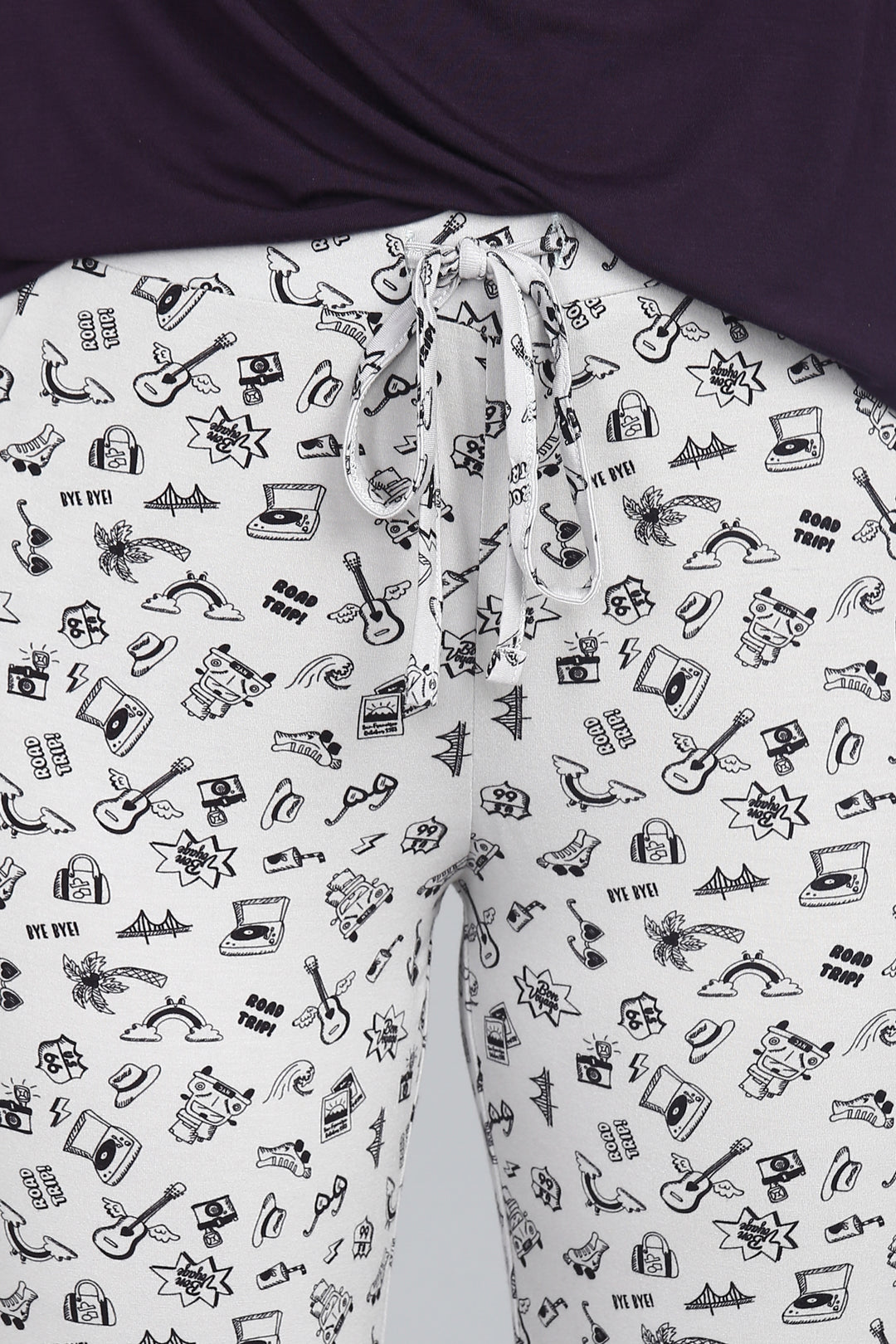 "Bon Voyage Capri: playful travel-themed patterned capri pants for comfort."
