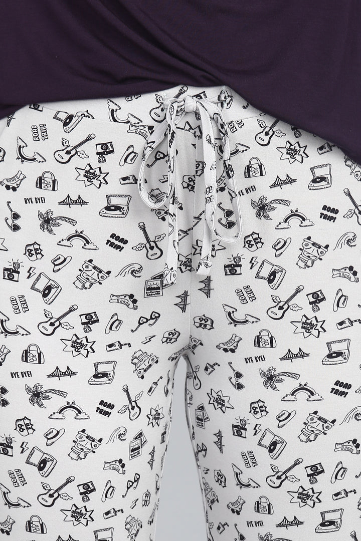 "Bon Voyage Capri: playful travel-themed patterned capri pants for comfort."