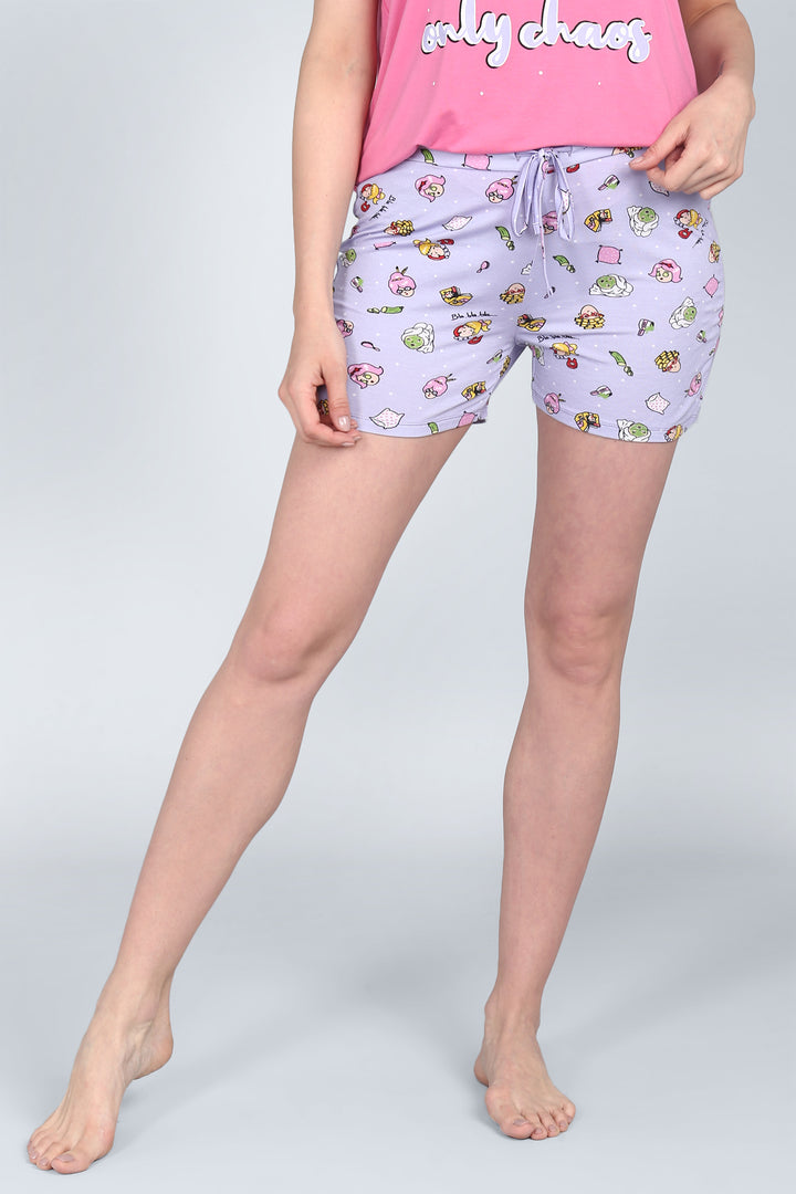 Lavender Sparkle Shorts Set with playful patterns for comfy loungewear.