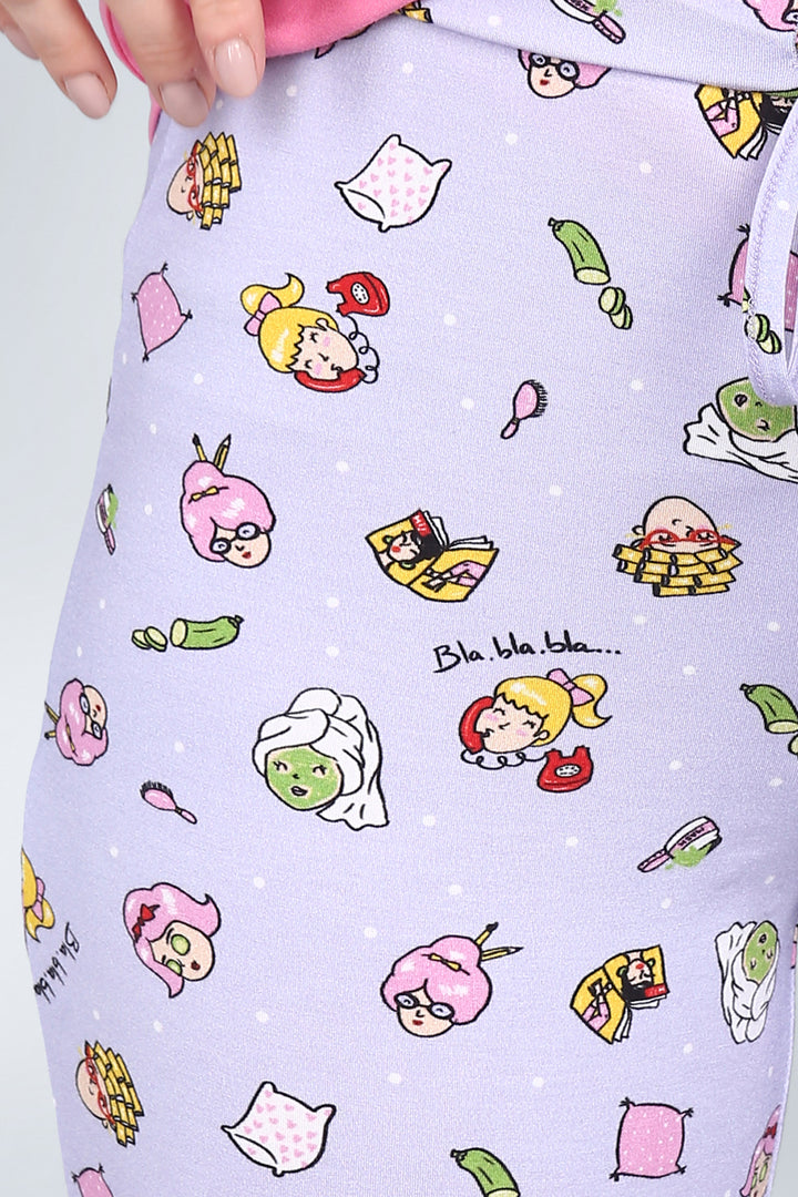 Hearty pink shorts set featuring cute cartoon patterns and pastel colors.