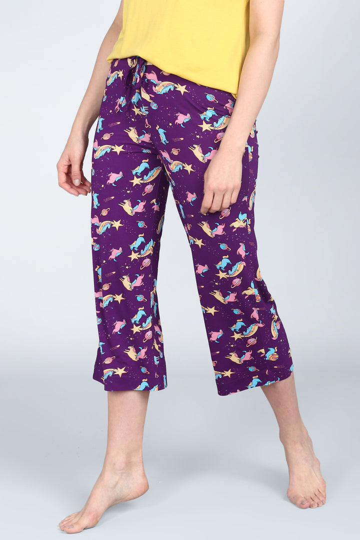 Spaced Out Unicorn Capri Set with colorful unicorn and star pattern.
