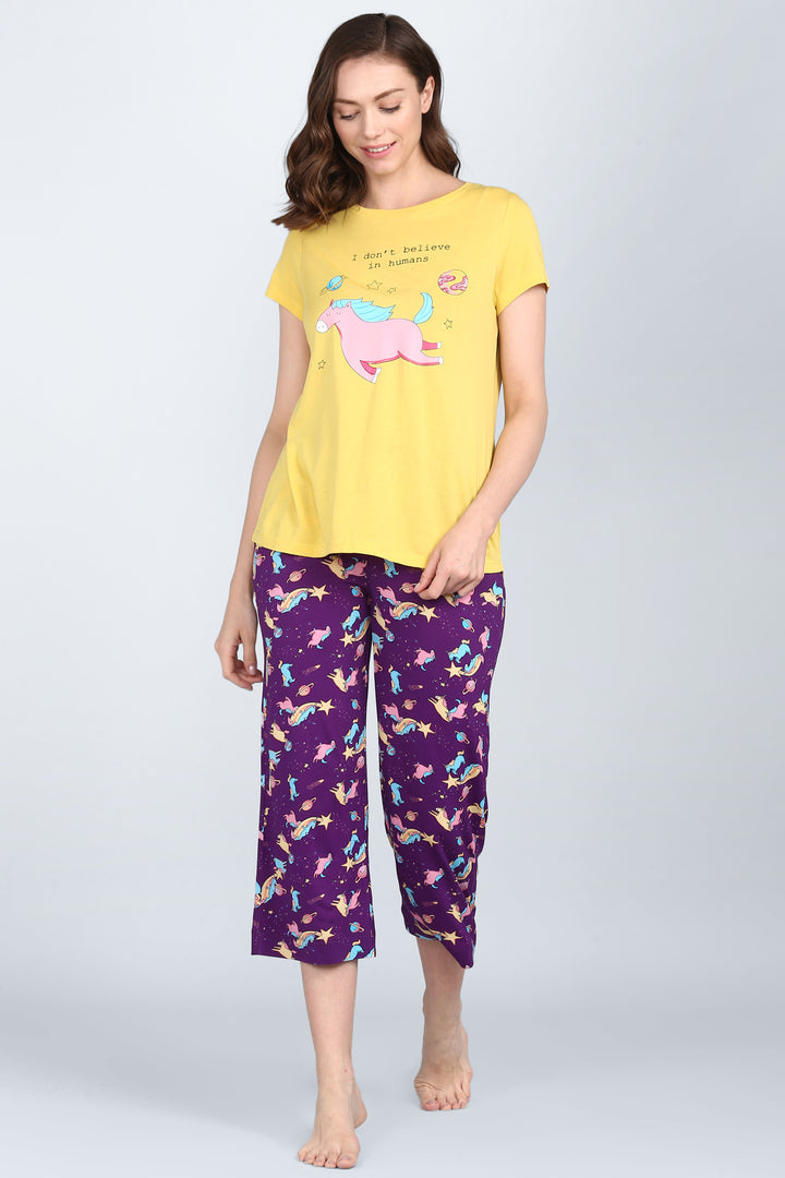 Spaced Out Unicorn Capri Set with cute print and comfy fit.