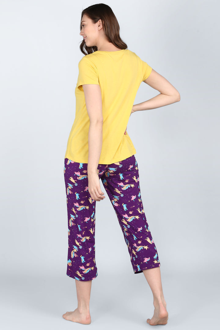 Spaced Out Unicorn Capri Set with yellow top and patterned pants.