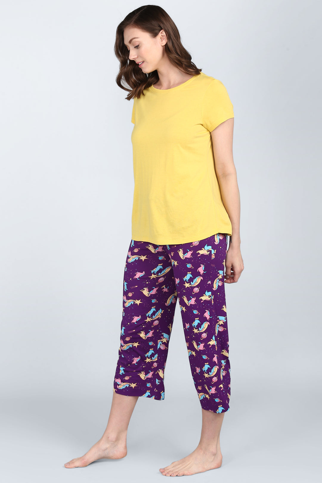 Spaced Out Unicorn Capri Set with yellow top and purple pajama pants.