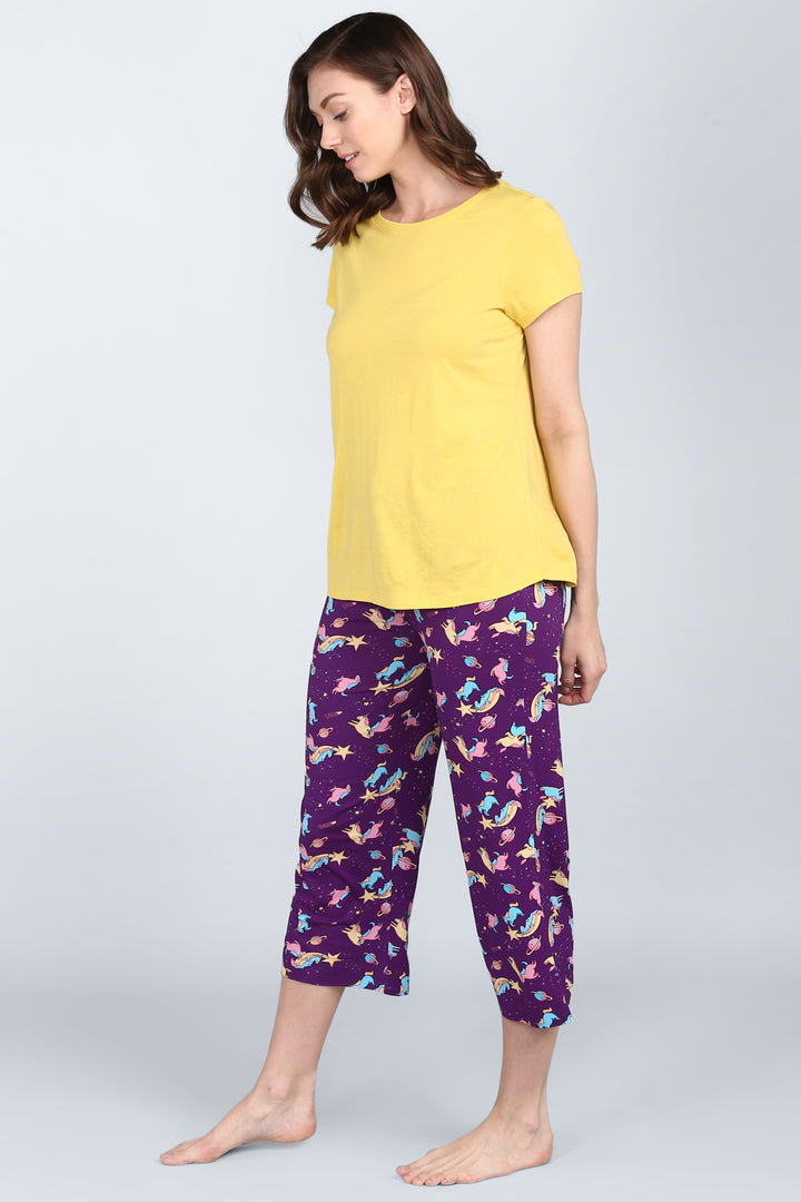 Spaced Out Unicorn Capri Set with yellow top and purple pajama pants.