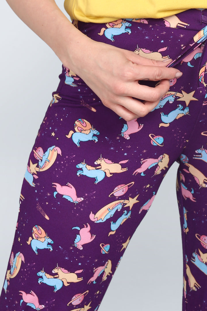 Colorful unicorn capri set featuring whimsical space-themed designs.